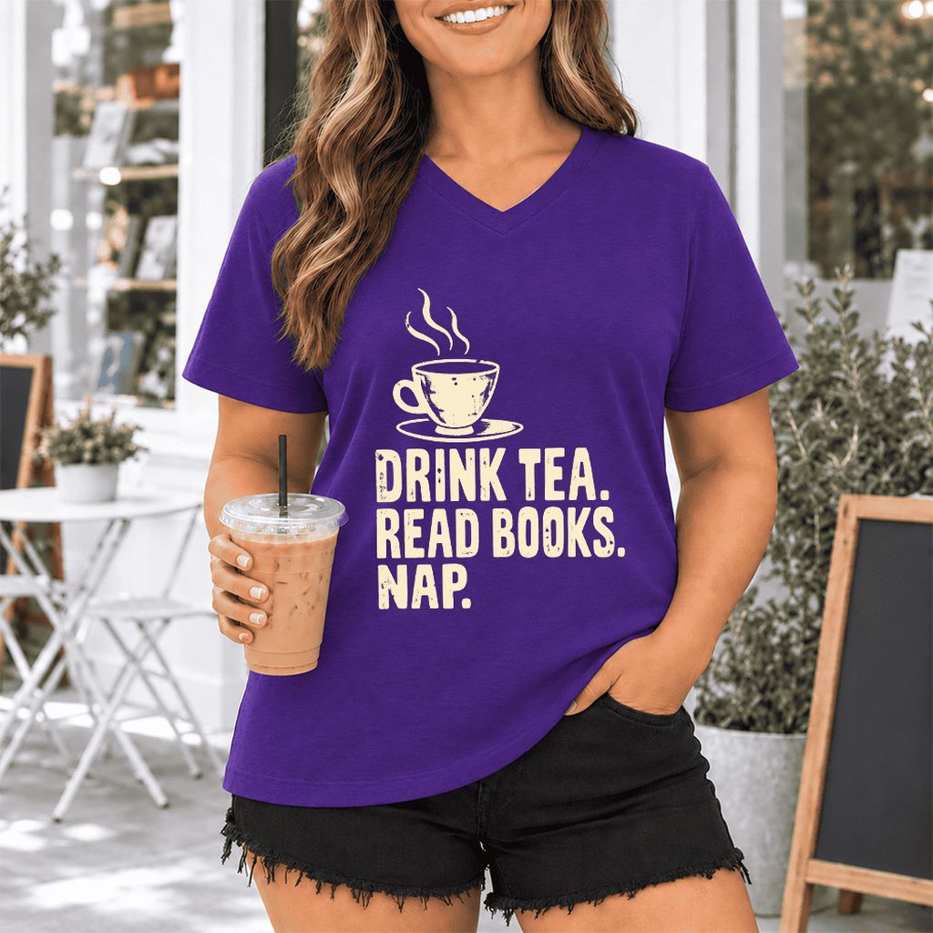 Drink Tea Read Books Nap Ultra-Soft V-Neck | Cozy Book Lover Gift Team Purple