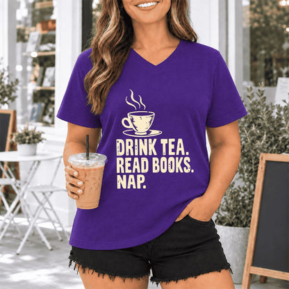 Drink Tea Read Books Nap Ultra-Soft V-Neck | Cozy Book Lover Gift Team Purple