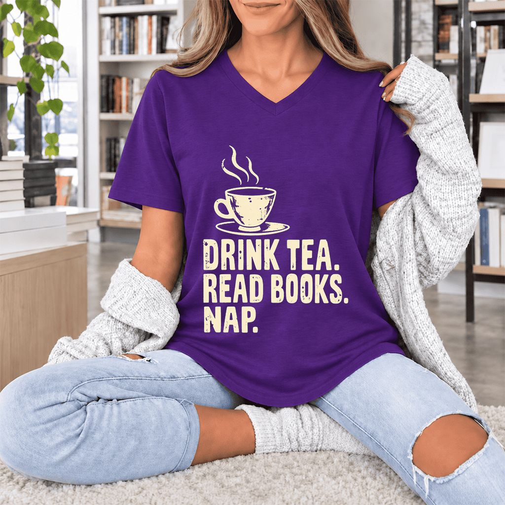 Drink Tea Read Books Nap Ultra-Soft V-Neck | Cozy Book Lover Gift Team Purple