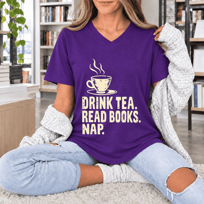 Drink Tea Read Books Nap Ultra-Soft V-Neck | Cozy Book Lover Gift Team Purple