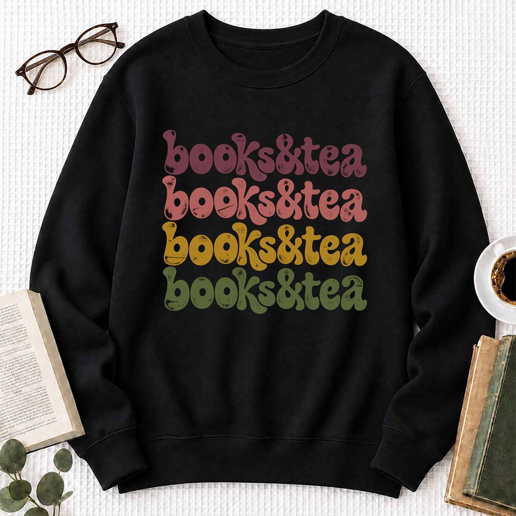 Books & Tea Retro Crewneck Sweatshirt | Cozy Book Lover Gift Black