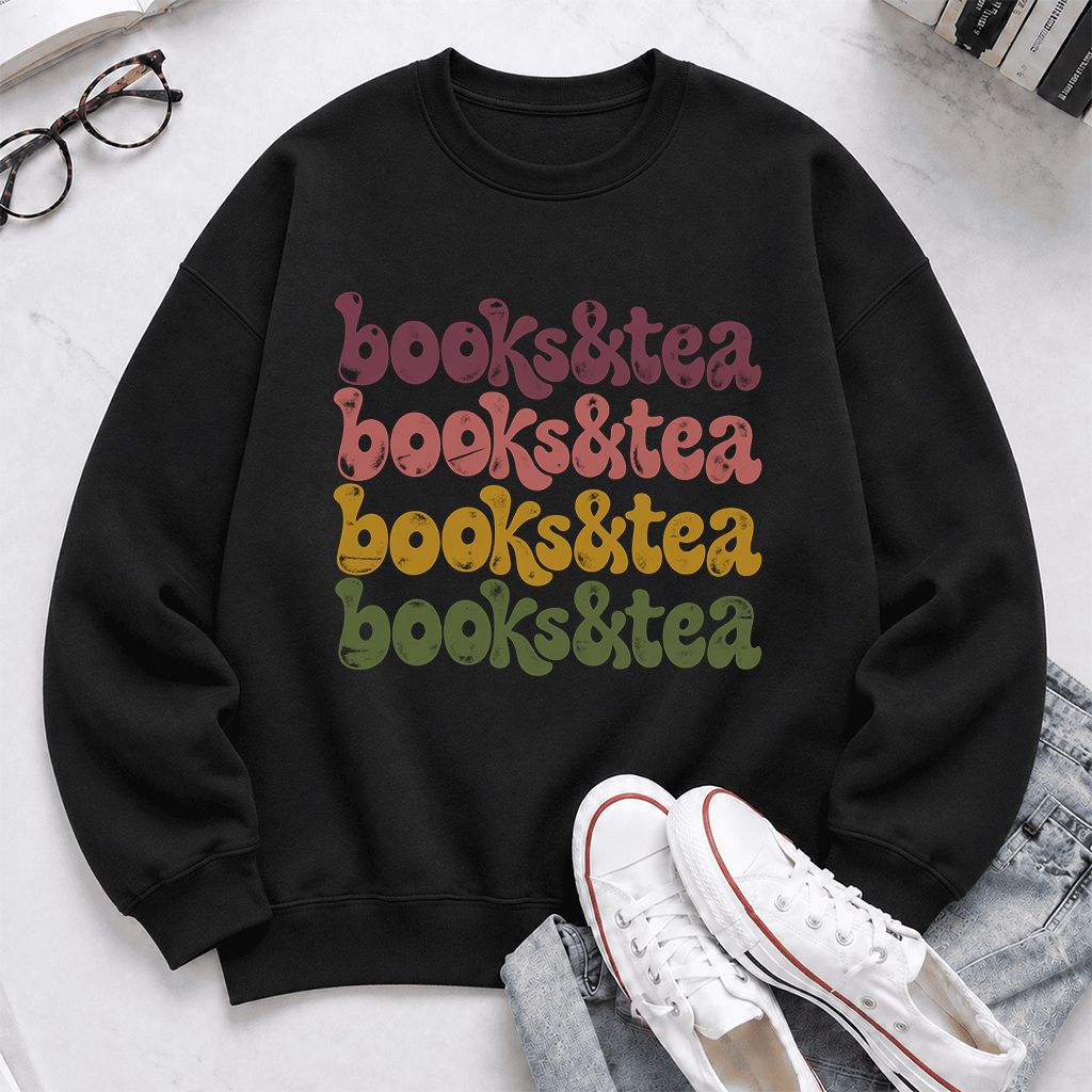 Books & Tea Retro Crewneck Sweatshirt | Cozy Book Lover Gift Black