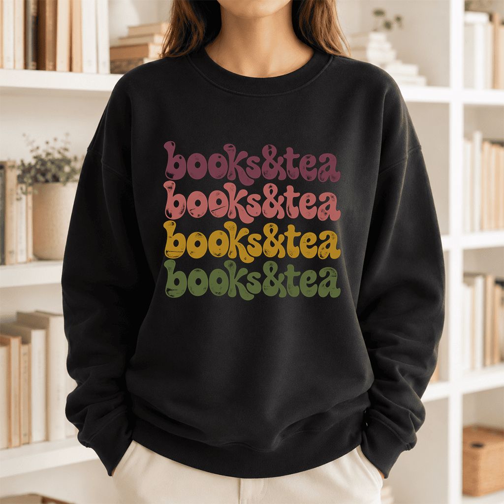 Books & Tea Retro Crewneck Sweatshirt | Cozy Book Lover Gift Black