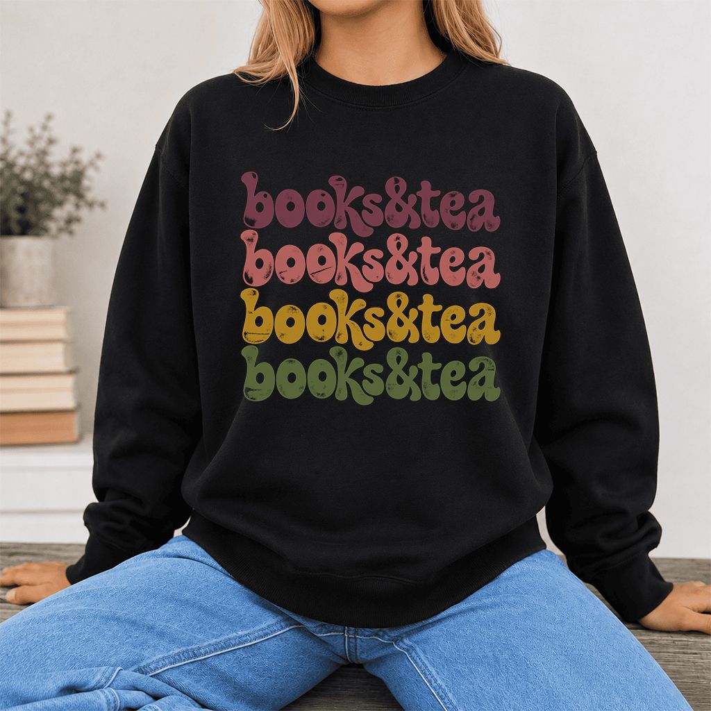Books & Tea Retro Crewneck Sweatshirt | Cozy Book Lover Gift Black