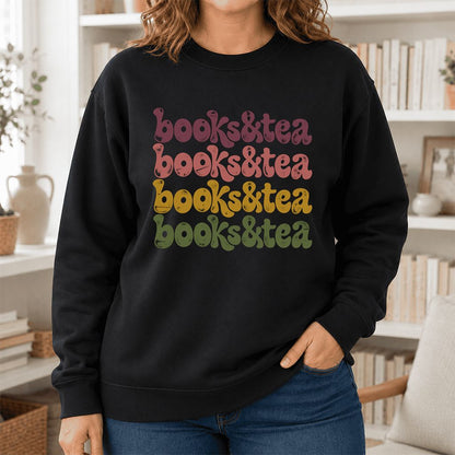 Books & Tea Retro Crewneck Sweatshirt | Cozy Book Lover Gift Black