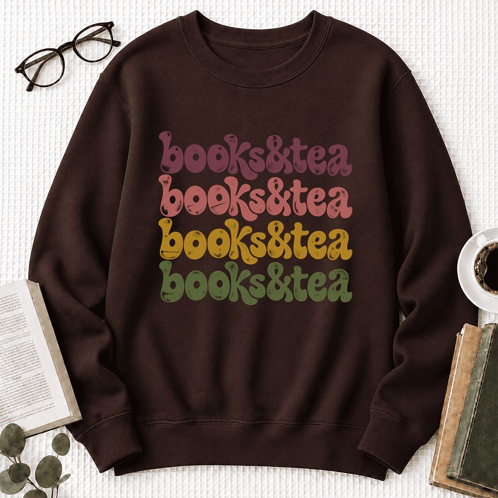 Books & Tea Retro Crewneck Sweatshirt | Cozy Book Lover Gift Dark Chocolate