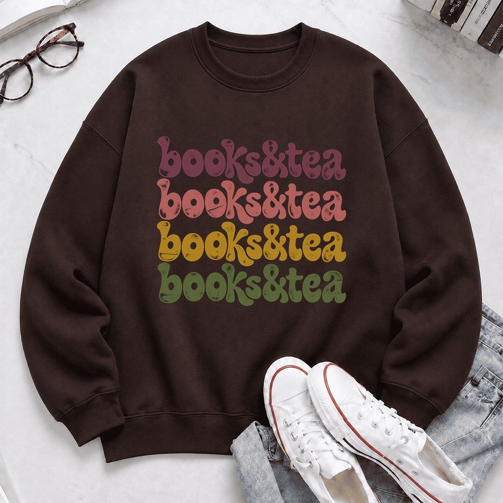 Books & Tea Retro Crewneck Sweatshirt | Cozy Book Lover Gift Dark Chocolate