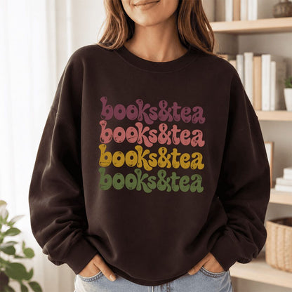 Books & Tea Retro Crewneck Sweatshirt | Cozy Book Lover Gift Dark Chocolate