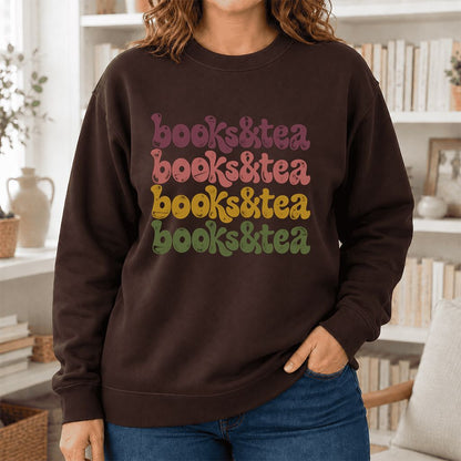 Books & Tea Retro Crewneck Sweatshirt | Cozy Book Lover Gift Dark Chocolate