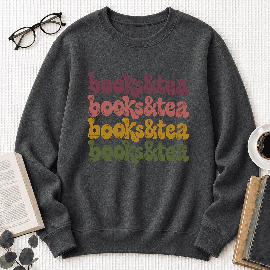 Books & Tea Retro Crewneck Sweatshirt | Cozy Book Lover Gift Dark Heather