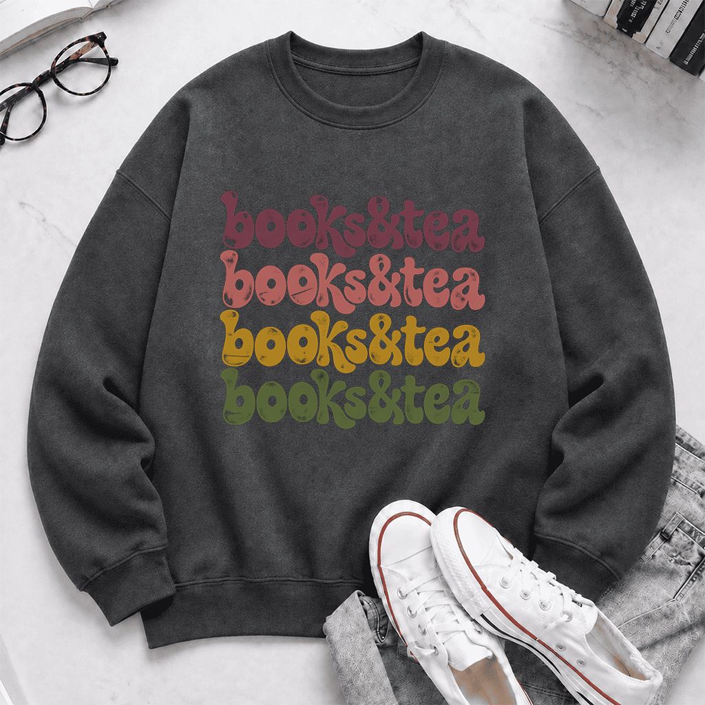 Books & Tea Retro Crewneck Sweatshirt | Cozy Book Lover Gift Dark Heather