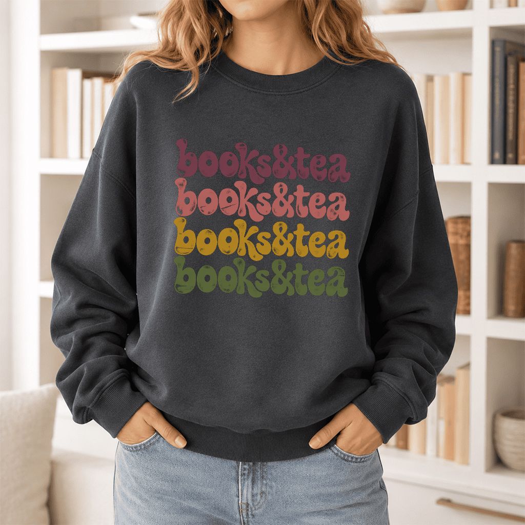 Books & Tea Retro Crewneck Sweatshirt | Cozy Book Lover Gift Dark Heather