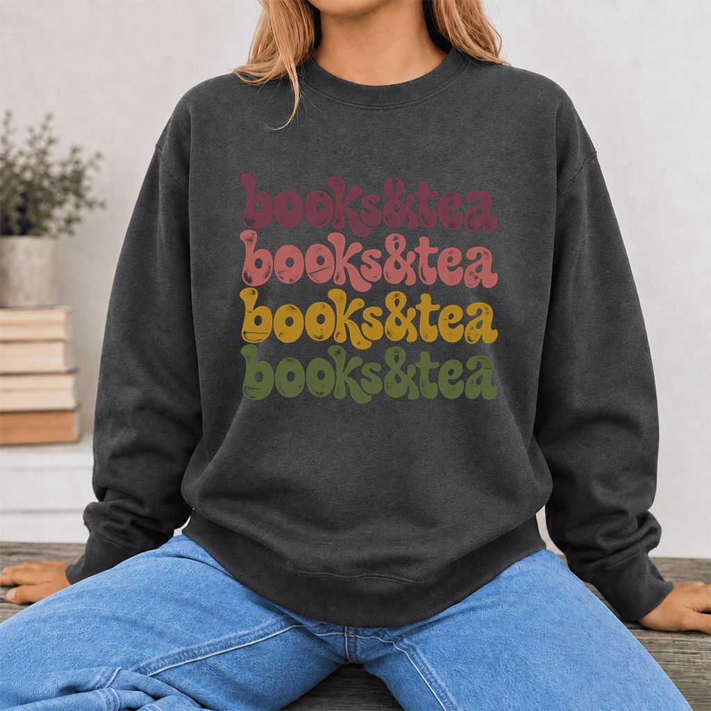Books & Tea Retro Crewneck Sweatshirt | Cozy Book Lover Gift Dark Heather