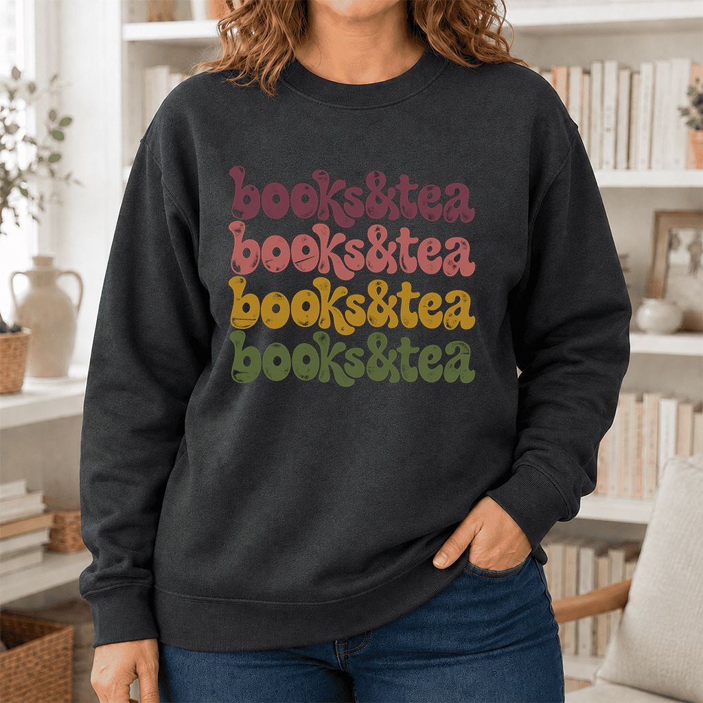 Books & Tea Retro Crewneck Sweatshirt | Cozy Book Lover Gift Dark Heather