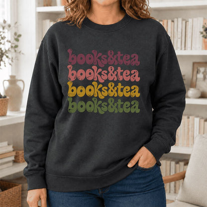 Books & Tea Retro Crewneck Sweatshirt | Cozy Book Lover Gift Dark Heather