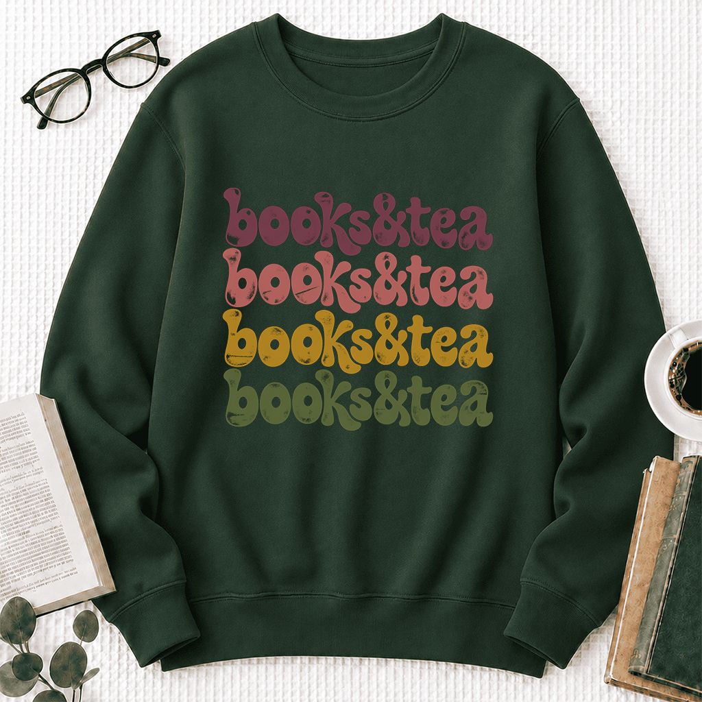 Books & Tea Retro Crewneck Sweatshirt | Cozy Book Lover Gift Forest Green
