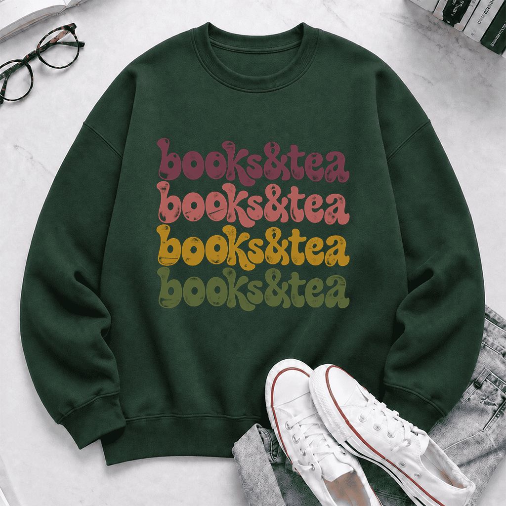 Books & Tea Retro Crewneck Sweatshirt | Cozy Book Lover Gift Forest Green