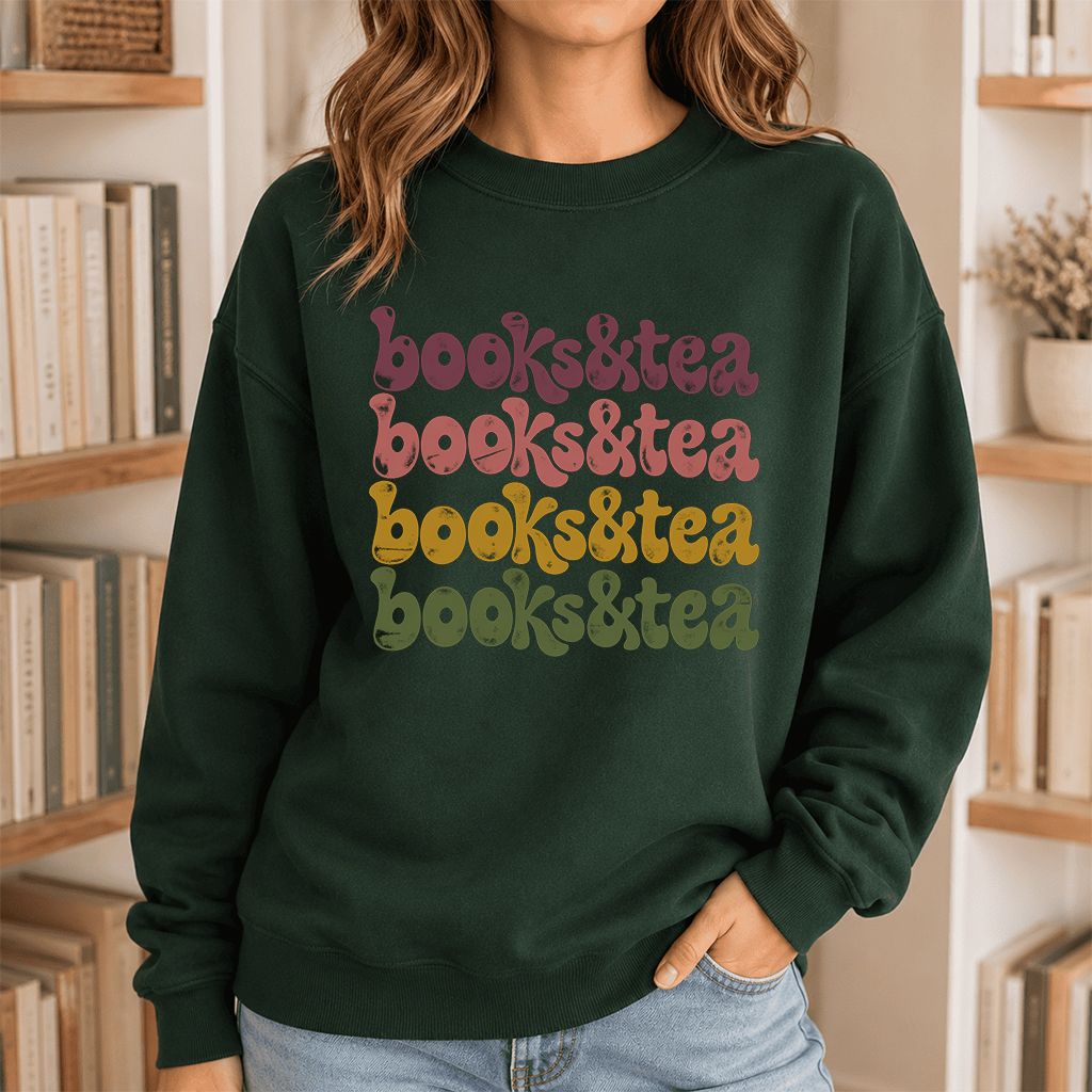 Books & Tea Retro Crewneck Sweatshirt | Cozy Book Lover Gift Forest Green