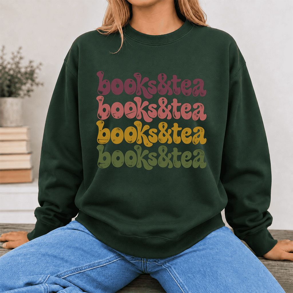 Books & Tea Retro Crewneck Sweatshirt | Cozy Book Lover Gift Forest Green