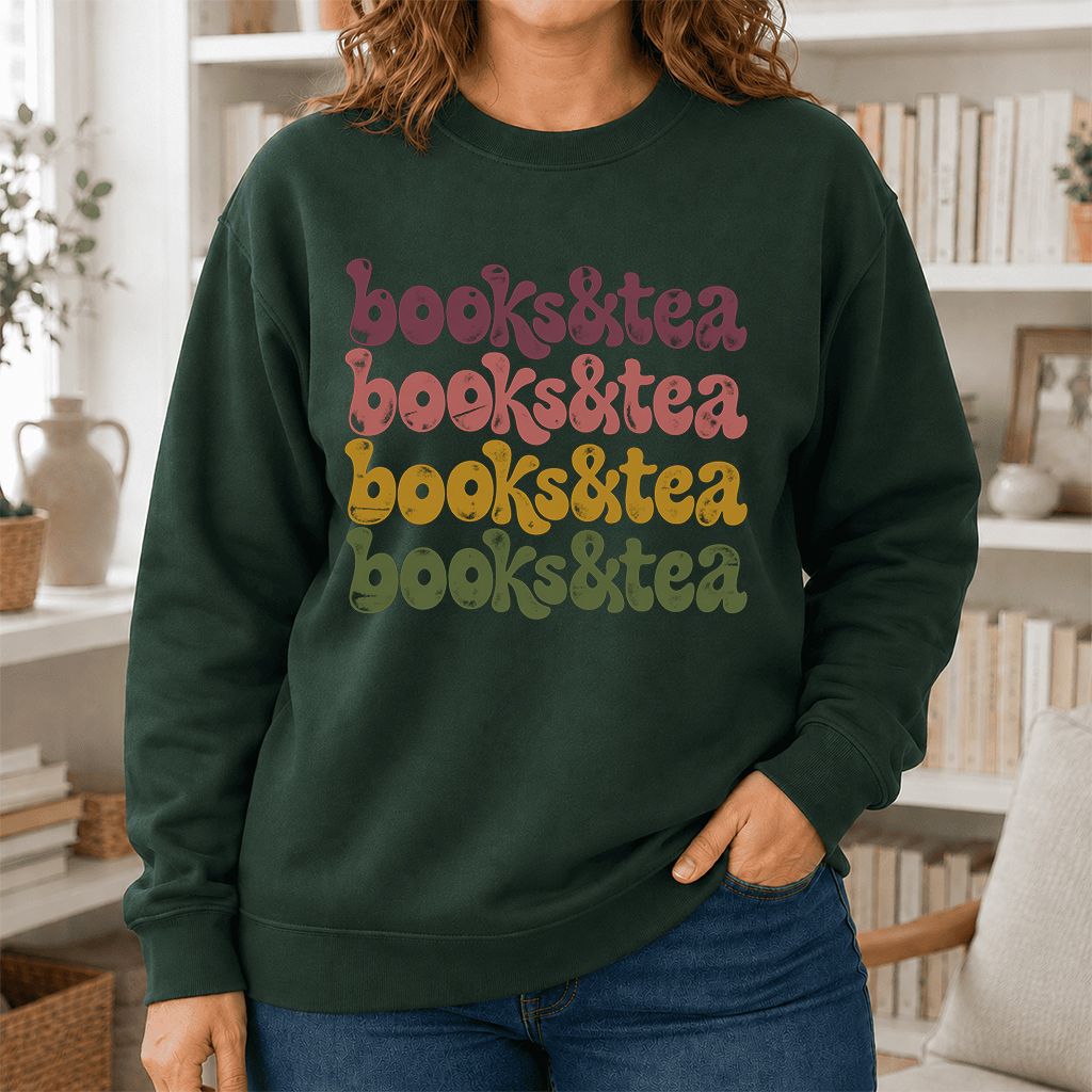 Books & Tea Retro Crewneck Sweatshirt | Cozy Book Lover Gift Forest Green