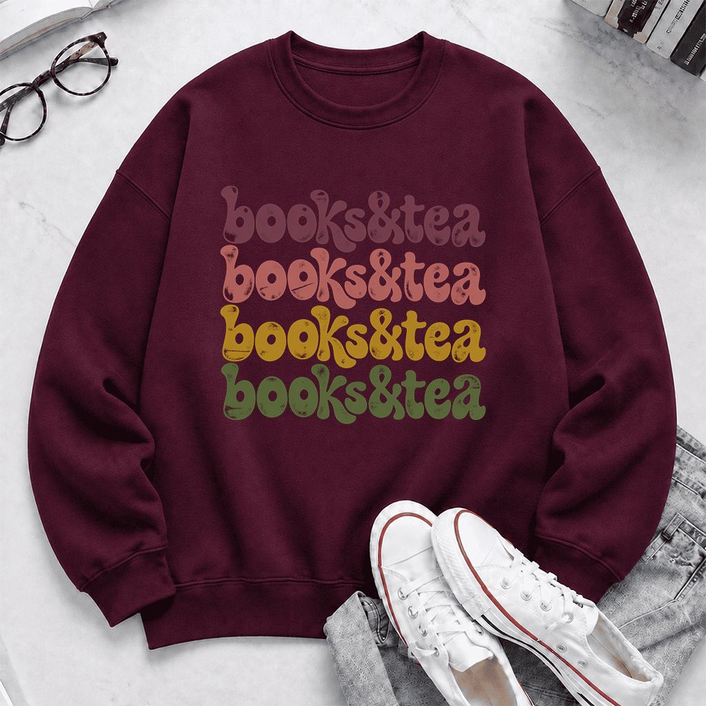 Books & Tea Retro Crewneck Sweatshirt | Cozy Book Lover Gift Maroon