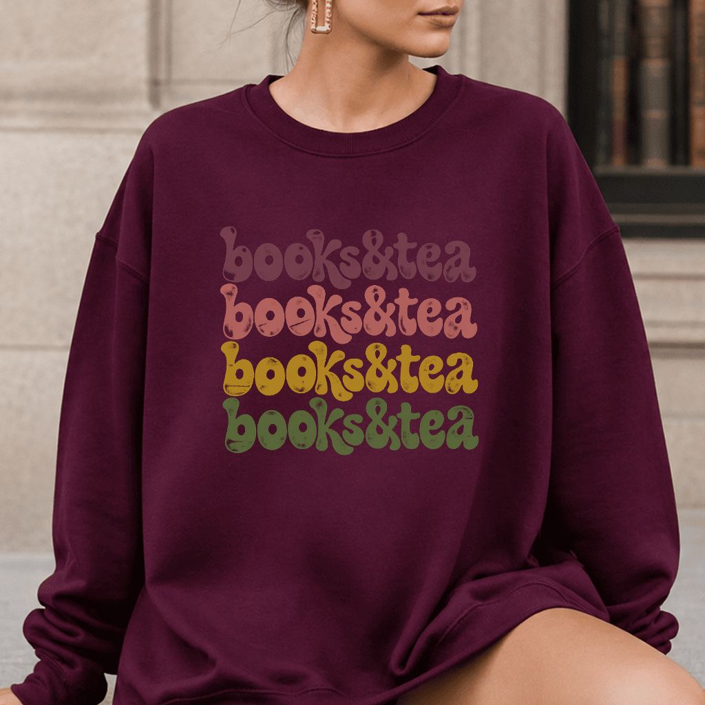 Books & Tea Retro Crewneck Sweatshirt | Cozy Book Lover Gift Maroon