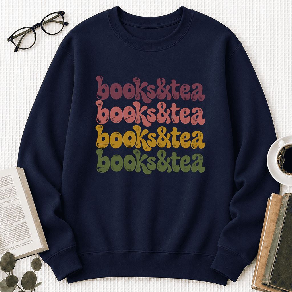 Books & Tea Retro Crewneck Sweatshirt | Cozy Book Lover Gift Navy