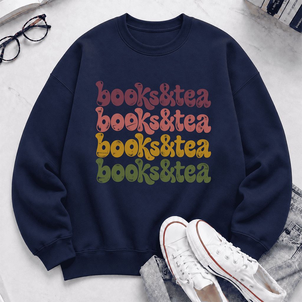 Books & Tea Retro Crewneck Sweatshirt | Cozy Book Lover Gift Navy