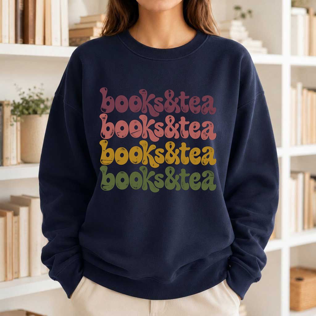 Books & Tea Retro Crewneck Sweatshirt | Cozy Book Lover Gift Navy