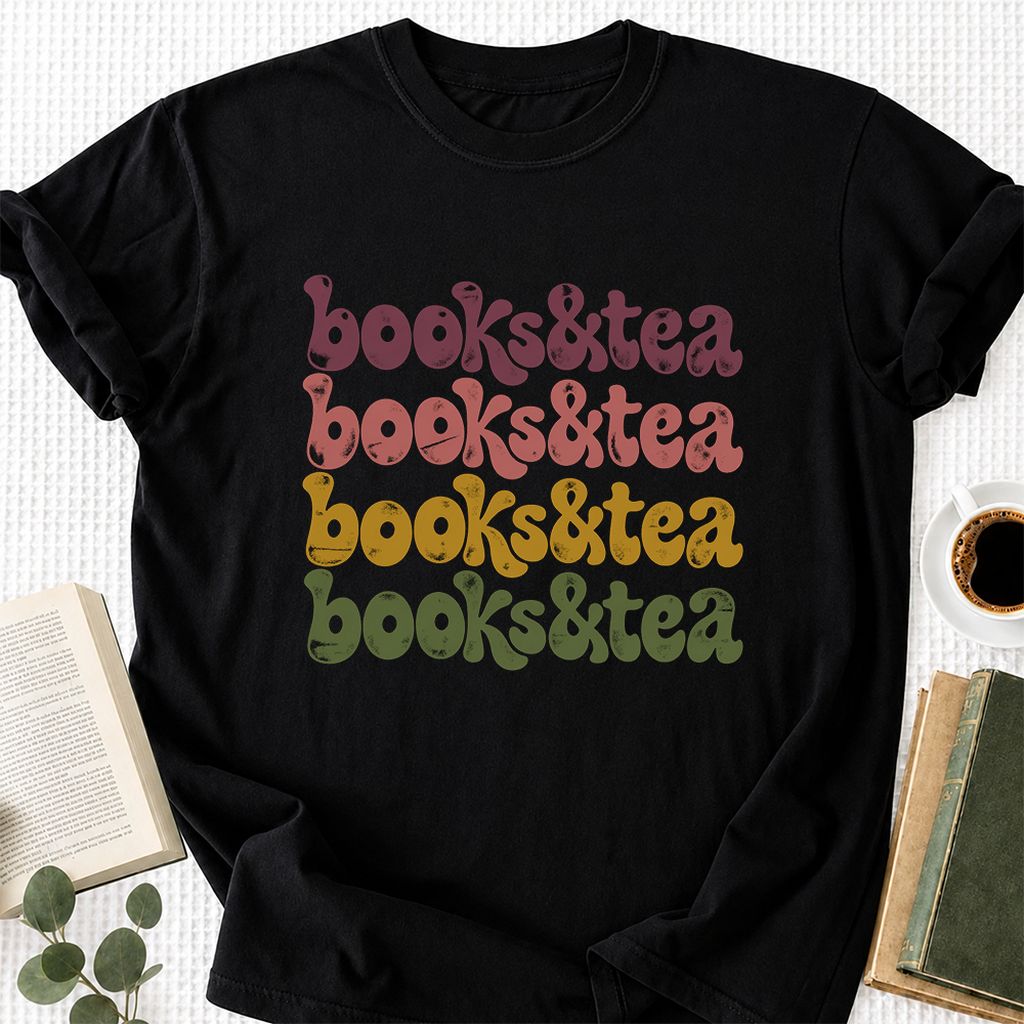 Books & Tea Retro Printed T-Shirt | Cozy Book Lover Gift Black