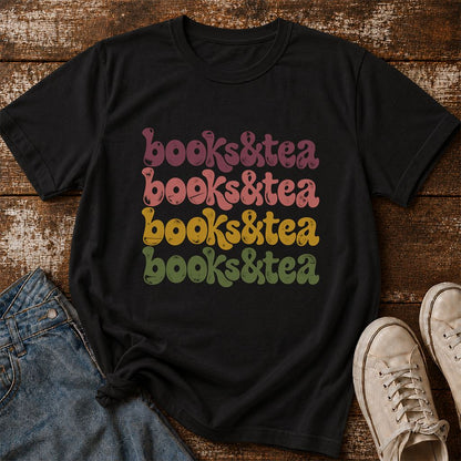 Books & Tea Retro Printed T-Shirt | Cozy Book Lover Gift Black