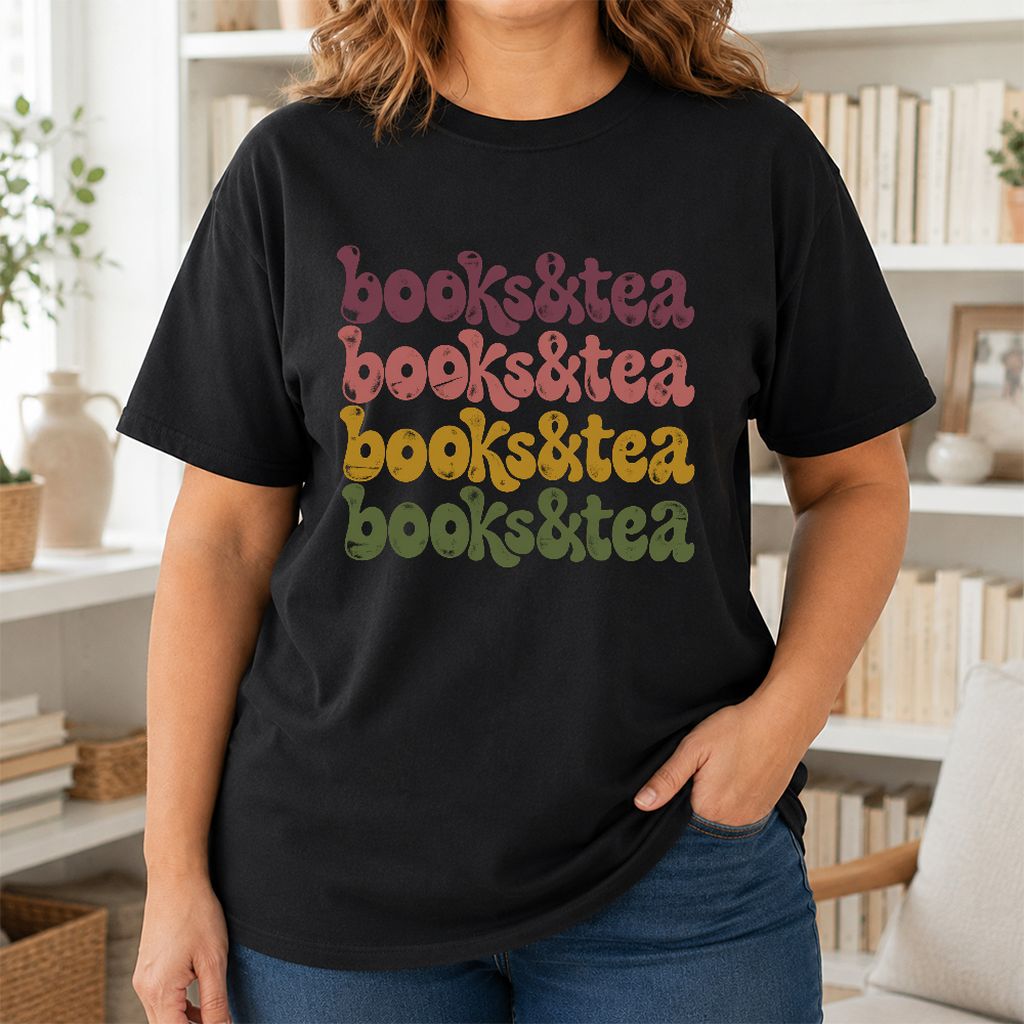 Books & Tea Retro Printed T-Shirt | Cozy Book Lover Gift Black