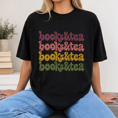 Books & Tea Retro Printed T-Shirt | Cozy Book Lover Gift Black