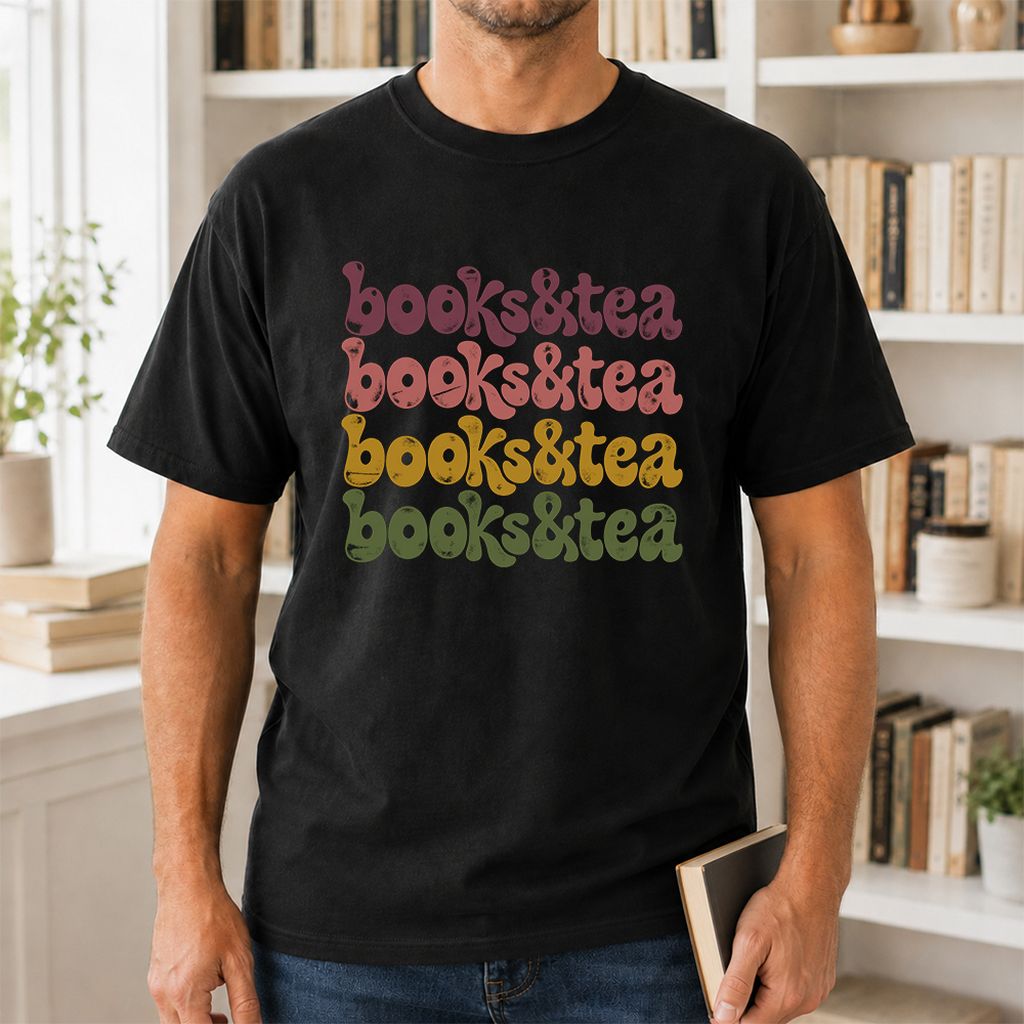 Books & Tea Retro Printed T-Shirt | Cozy Book Lover Gift Black