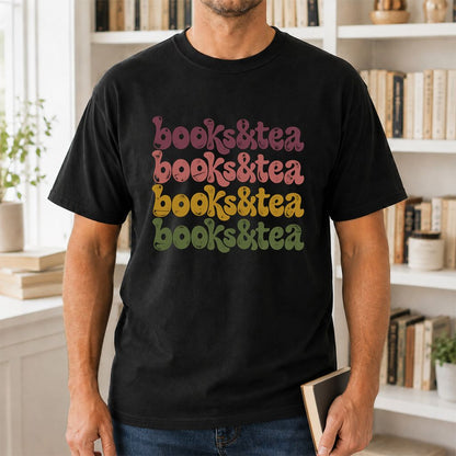 Books & Tea Retro Printed T-Shirt | Cozy Book Lover Gift Black