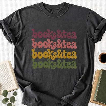 Books & Tea Retro Printed T-Shirt | Cozy Book Lover Gift Dark Heather