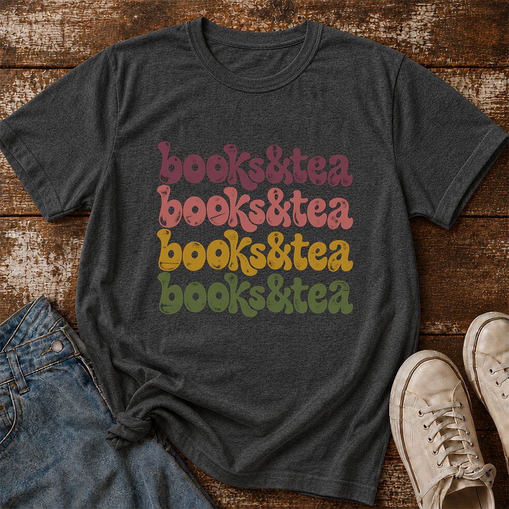 Books & Tea Retro Printed T-Shirt | Cozy Book Lover Gift Dark Heather