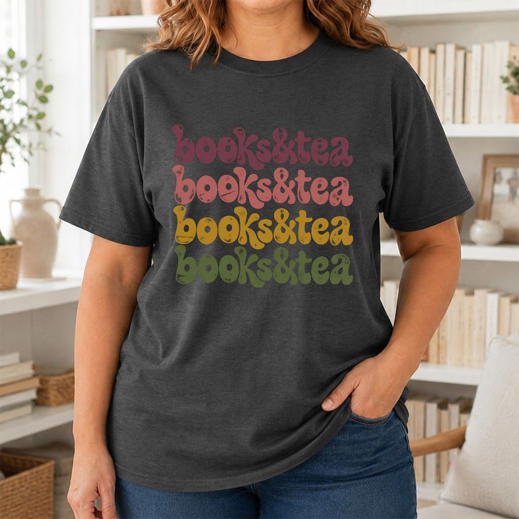 Books & Tea Retro Printed T-Shirt | Cozy Book Lover Gift Dark Heather