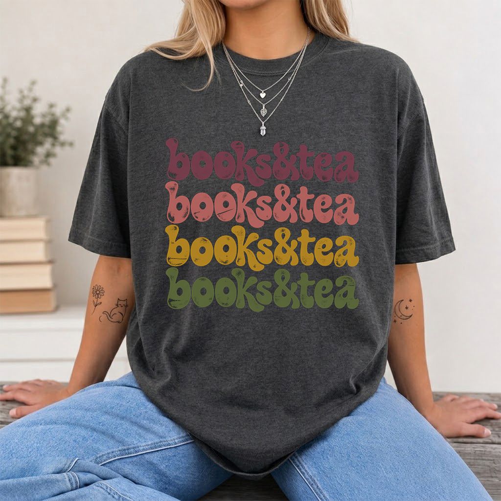 Books & Tea Retro Printed T-Shirt | Cozy Book Lover Gift Dark Heather