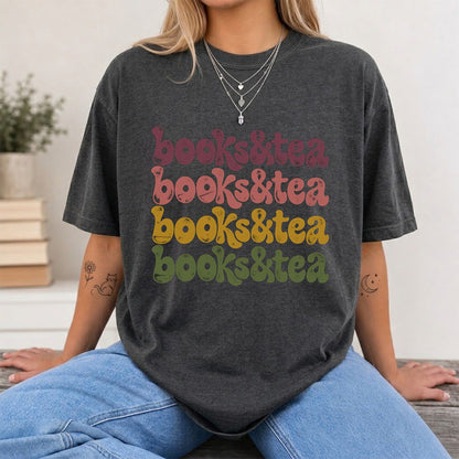Books & Tea Retro Printed T-Shirt | Cozy Book Lover Gift Dark Heather