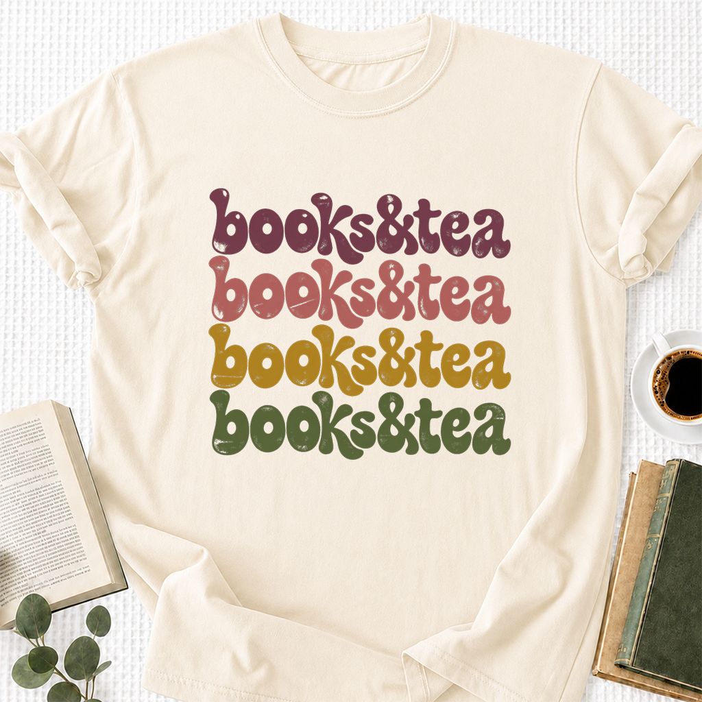 Books & Tea Retro Printed T-Shirt | Cozy Book Lover Gift Natural