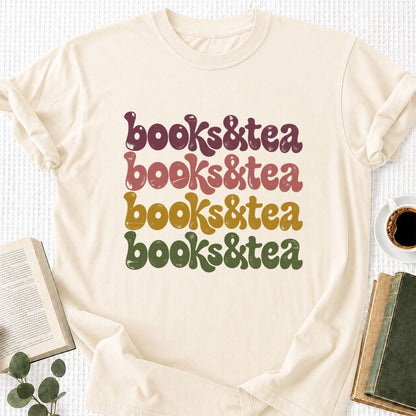 Books & Tea Retro Printed T-Shirt | Cozy Book Lover Gift Natural