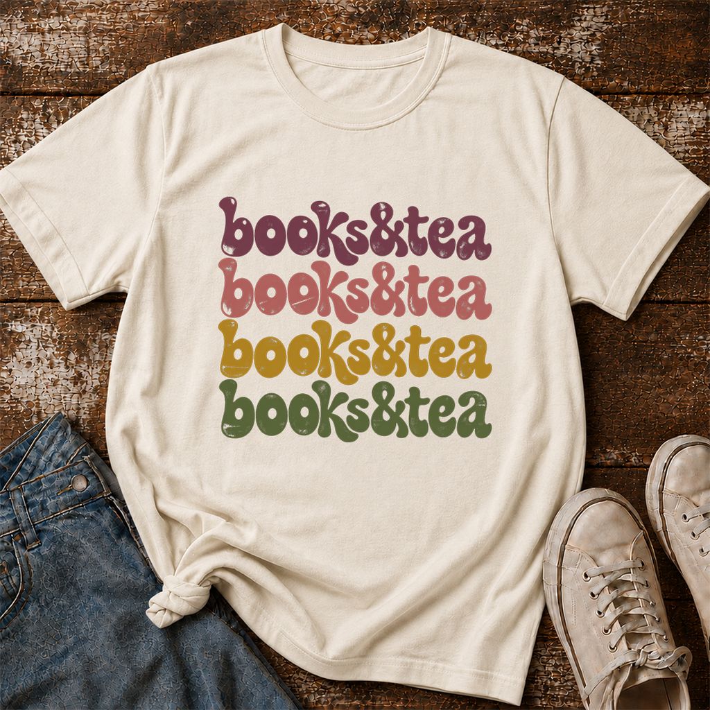 Books & Tea Retro Printed T-Shirt | Cozy Book Lover Gift Natural