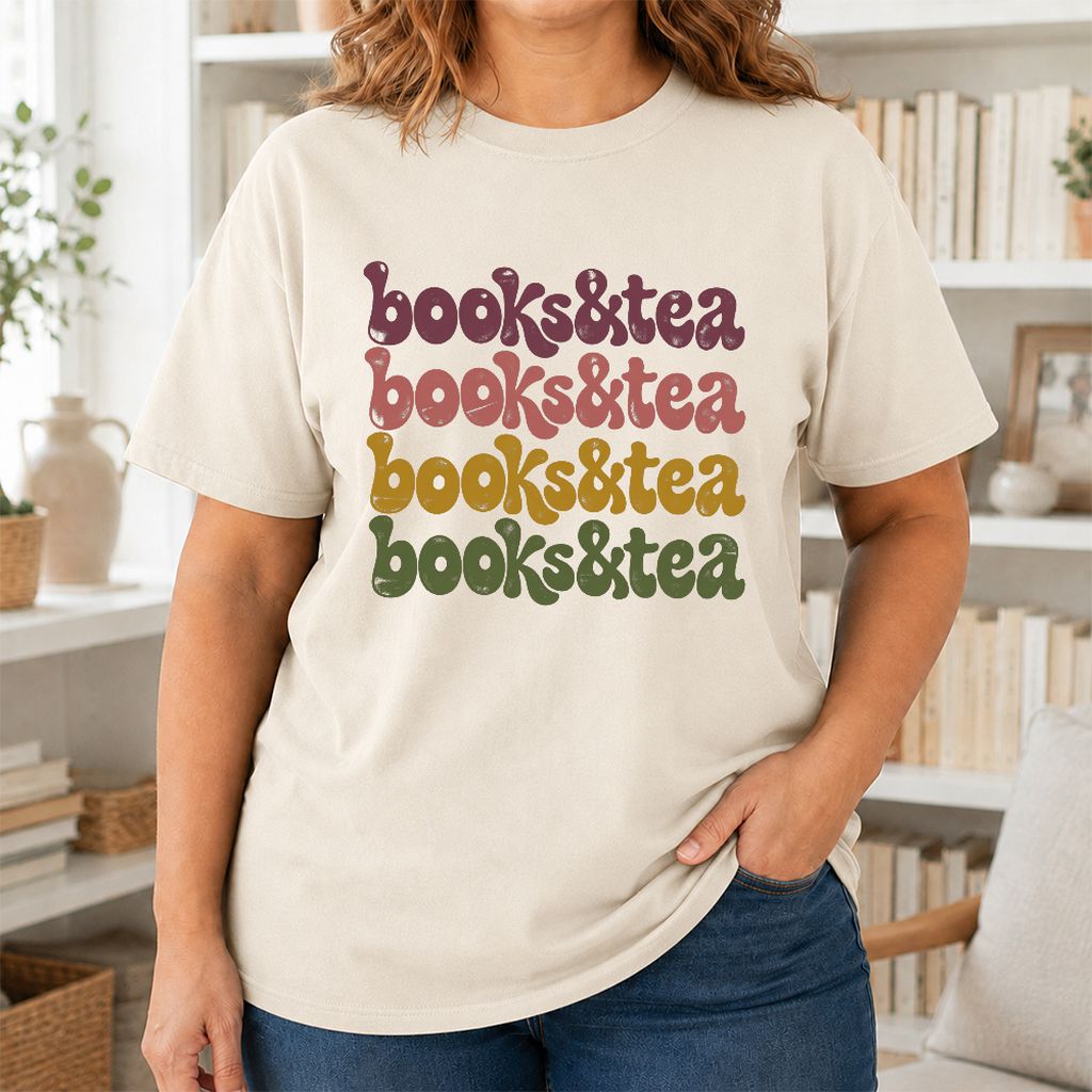Books & Tea Retro Printed T-Shirt | Cozy Book Lover Gift Natural