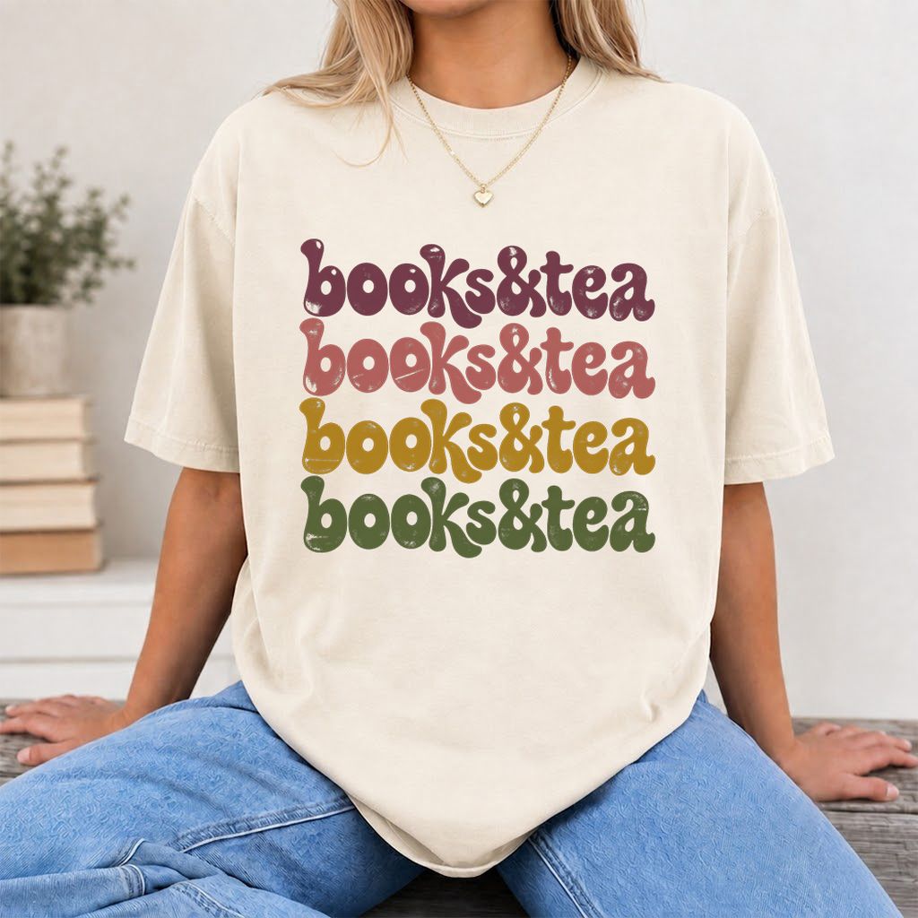 Books & Tea Retro Printed T-Shirt | Cozy Book Lover Gift Natural