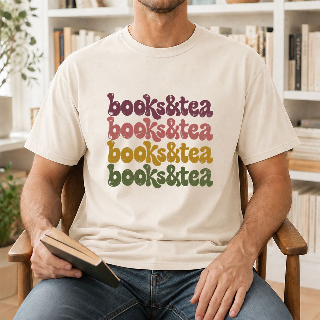 Books & Tea Retro Printed T-Shirt | Cozy Book Lover Gift Natural