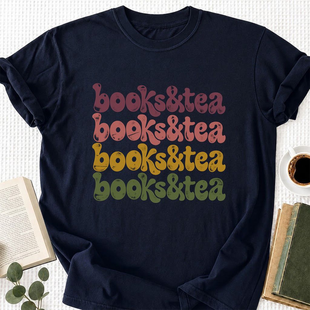 Books & Tea Retro Printed T-Shirt | Cozy Book Lover Gift Navy