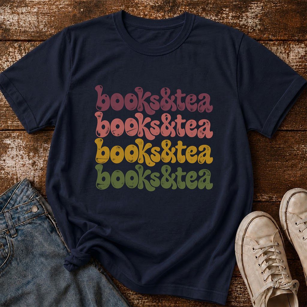 Books & Tea Retro Printed T-Shirt | Cozy Book Lover Gift Navy