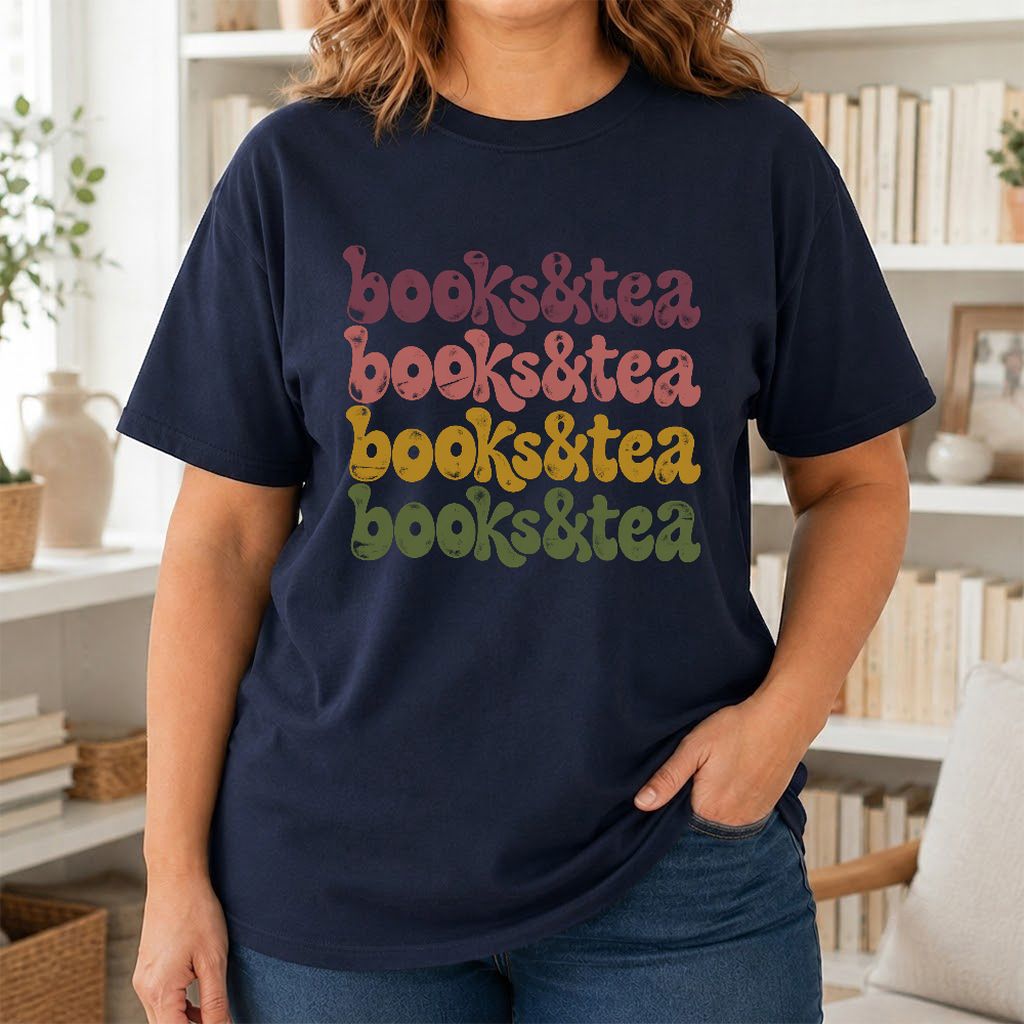 Books & Tea Retro Printed T-Shirt | Cozy Book Lover Gift Navy