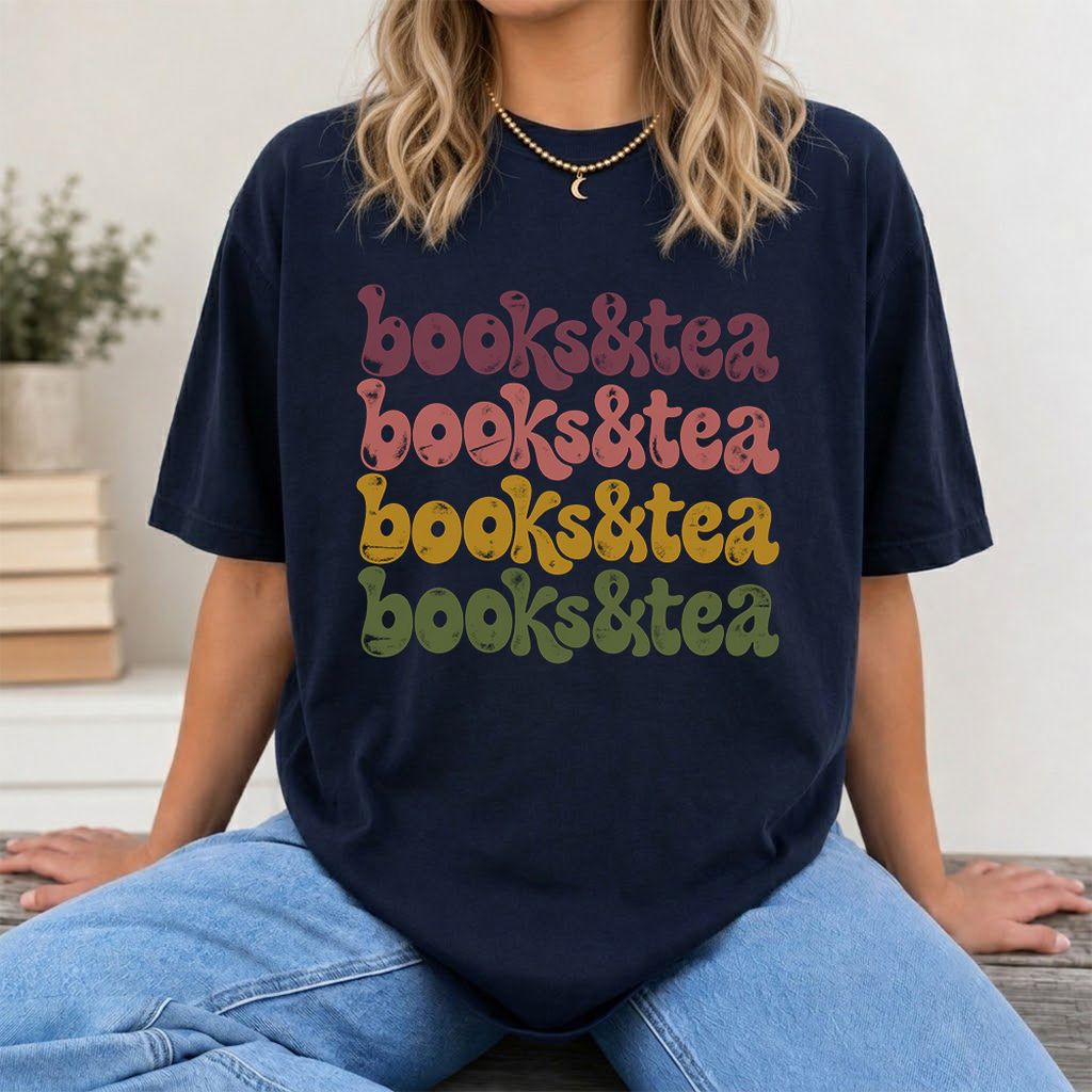 Books & Tea Retro Printed T-Shirt | Cozy Book Lover Gift Navy